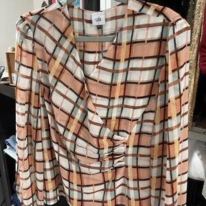 Cabi Plaid Blouse with Draped Front